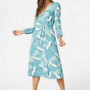 NWT long sleeve wrap dress bird crane print